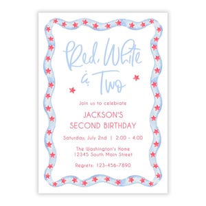 Invitación imprimible de rojo, blanco y dos / Fiesta patriótica de segundo cumpleaños / Plantilla Corjl editable / Tema del 4 de julio / Descarga instantánea
