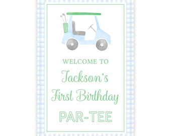 PRINTABLE 24x36 Golf Welcome Sign | Blue Gingham Golf Birthday Decor | Editable Corjl Template | Hole in One Golf First Birthday Par-Tee 101