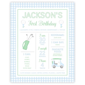 PRINTABLE 16x20 Golf Milestone Sign | Blue Gingham Golf Birthday Decor | Editable Corjl Template | Hole in One Golf First Birthday Stats 101