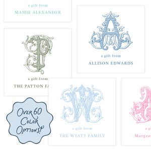 May include: Square gift tags with ornate initial designs in various colors, including blue, green, and pink. Each tag features the phrase "a gift from" followed by a name. A blue, cloud-shaped graphic states "Over 60 Color Options!"