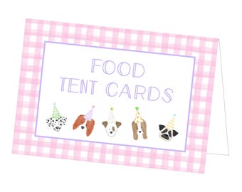 PRINTABLE Puppy Party Food Tent Cards | Pink Gingham Dog Birthday Decor | Editable Corjl Place Cards for Girl Pet Party | Design 113