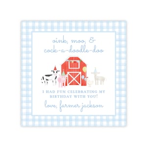 PRINTABLE Farm Birthday Favor Tags | Blue Gingham Editable Thank You Tag | Corjl Template | Barnyard Party for Boys