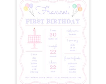 PRINTABLE 16x20 Girl First Birthday Milestone Sign Template | Pink Cake Balloon Design Editable in Corjl | Design 131