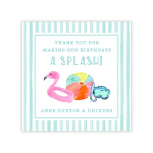 Étiquettes de cadeau de piscine à imprimer | d'étiquette de cadeau d'anniversaire commune modifiable | Flamant rose et ballon de plage | Modèle Corjl