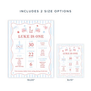 May include: Two birthday milestone posters with the text "Luke is One." The larger poster is 16x20 inches, and the smaller is 8x10 inches. The posters include information about the child, such as height (30 inches), weight (22 pounds), and favorite foods.
