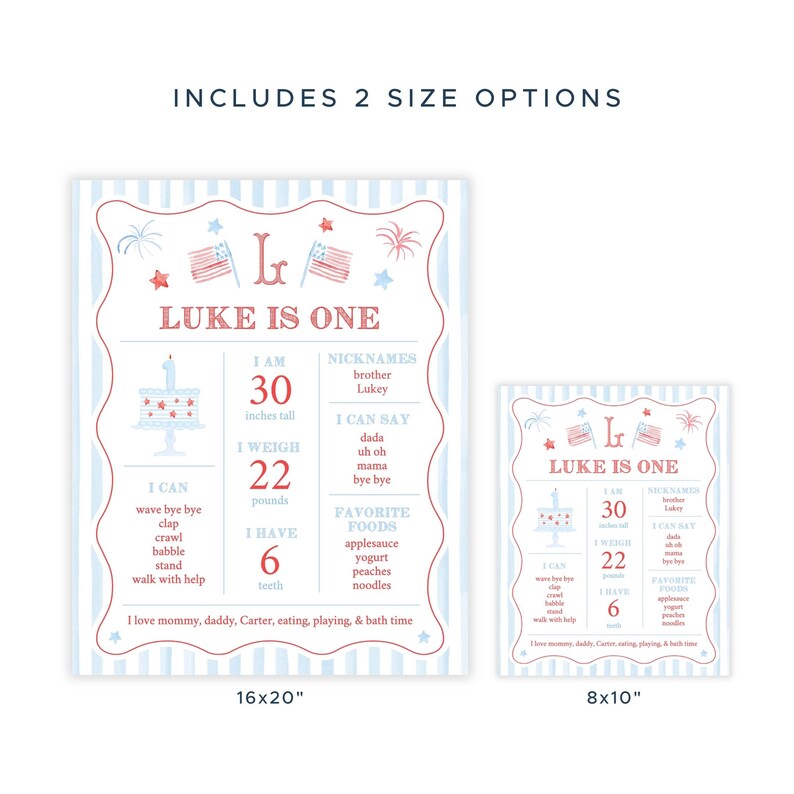 May include: Two birthday milestone posters with the text "Luke is One." The larger poster is 16x20 inches, and the smaller is 8x10 inches. The posters include information about the child, such as height (30 inches), weight (22 pounds), and favorite foods.