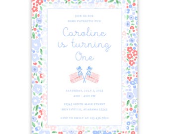 May include: A floral-bordered invitation with the text "Caroline is turning One." The invitation includes the date, time, and location for a patriotic-themed event, with two crossed American flags.