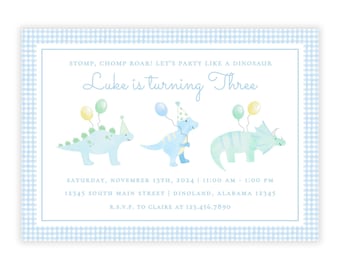 May include: A blue and white gingham patterned invitation with a dinosaur theme. The text reads "STOMP, CHOMP ROAR! LET'S PARTY LIKE A DINOSAUR Luke is turning Three SATURDAY, NOVEMBER 13TH, 2024 11:00 AM - 1:00 PM 12345 SOUTH MAIN STREET DINOLAND, ALABAMA 12345 R.S.V.P. TO CLAIRE AT 123.456.7890".