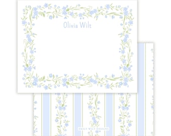 PRINTABLE Stationery for Women, Blue Floral Vine Personalized Thank you Notes with Name, Custom Floral Note Cards, Self-edit Corjl Template