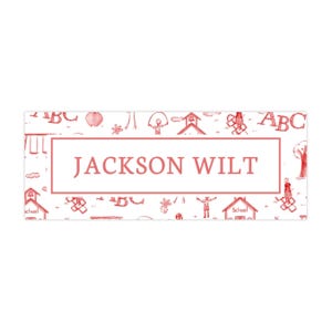 PRINTED Personalized Water-Resistant Name Labels | 60 Pack | 1x2.625&quot; Stickers for Kids | Back to School, Daycare | Red School Toile