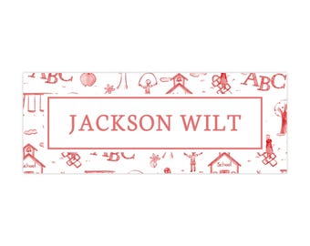 PRINTED Personalized Water-Resistant Name Labels | 60 Pack | 1x2.625" Stickers for Kids | Back to School, Daycare | Red School Toile