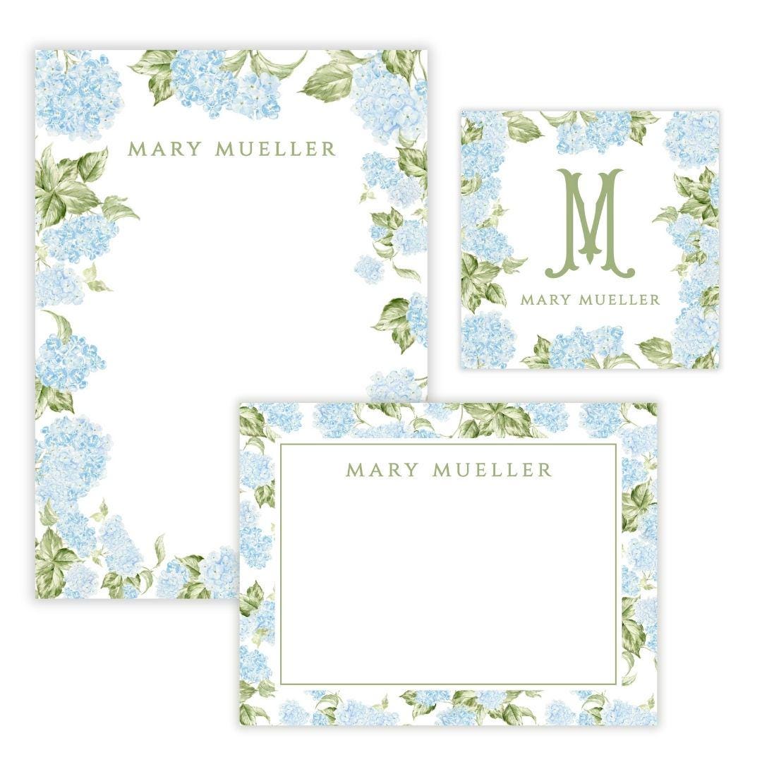 Personalized Stationery Gift Set | Blue Hydrangea Stationery Set ...