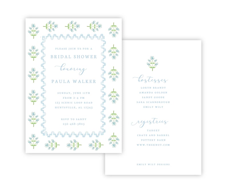 May include: A blue and green floral design bridal shower invitation with the text "Please join us for a bridal shower honoring Paula Walker" and details for the event. The back of the invitation lists the hostesses and registries.