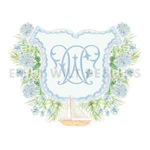 May include: Watercolor design featuring a light blue monogram within a decorative shield shape, surrounded by blue hydrangeas and greenery. A small sailboat is at the bottom. The text "E W Designs" is on the left and right sides.
