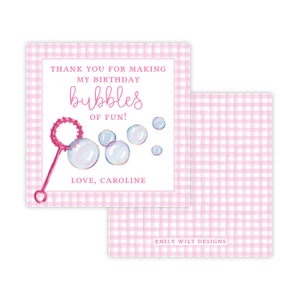 May include: Pink and white gingham thank you card with a pink bubble wand and blue bubbles. The text reads "Thank you for making my birthday bubbles of fun! Love, Caroline" and "Emily Wilt Designs".