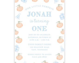 May include: A birthday invitation card featuring a white background with a border of light orange pumpkins, blue gift boxes, and blue party hats. The text reads: Our Little Pumpkin Jonah is turning one, join us to celebrate Saturday, October 22, 11:00 A.M. - 1:00 P.M., Lyon Family Farms, 130 Bellview Road, Taft, Tennessee, kindly reply to Alexis (123) 456-7890.