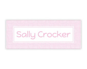 PRINTED Personalized Water-Resistant Name Labels | 60 Pack | 1x2.625" Stickers for Kids | Back to School, Daycare | Pink Gingham