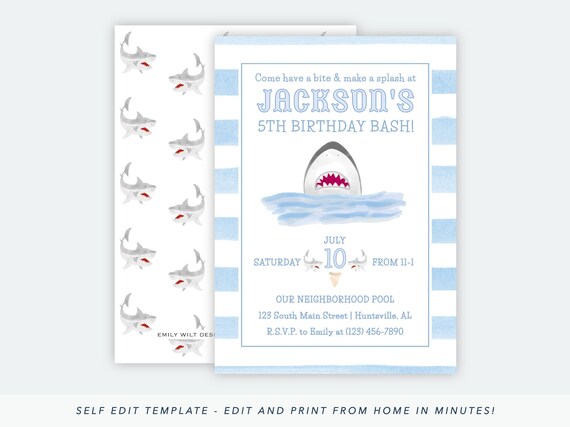 Printable Shark Party Invitation Shark Birthday Invitation | Etsy
