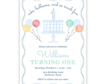 PRINTABLE Gingham Cake First Birthday Invitation | Pastel Balloon Party Invite | Editable Corjl Template | Instant Digital Download | 122