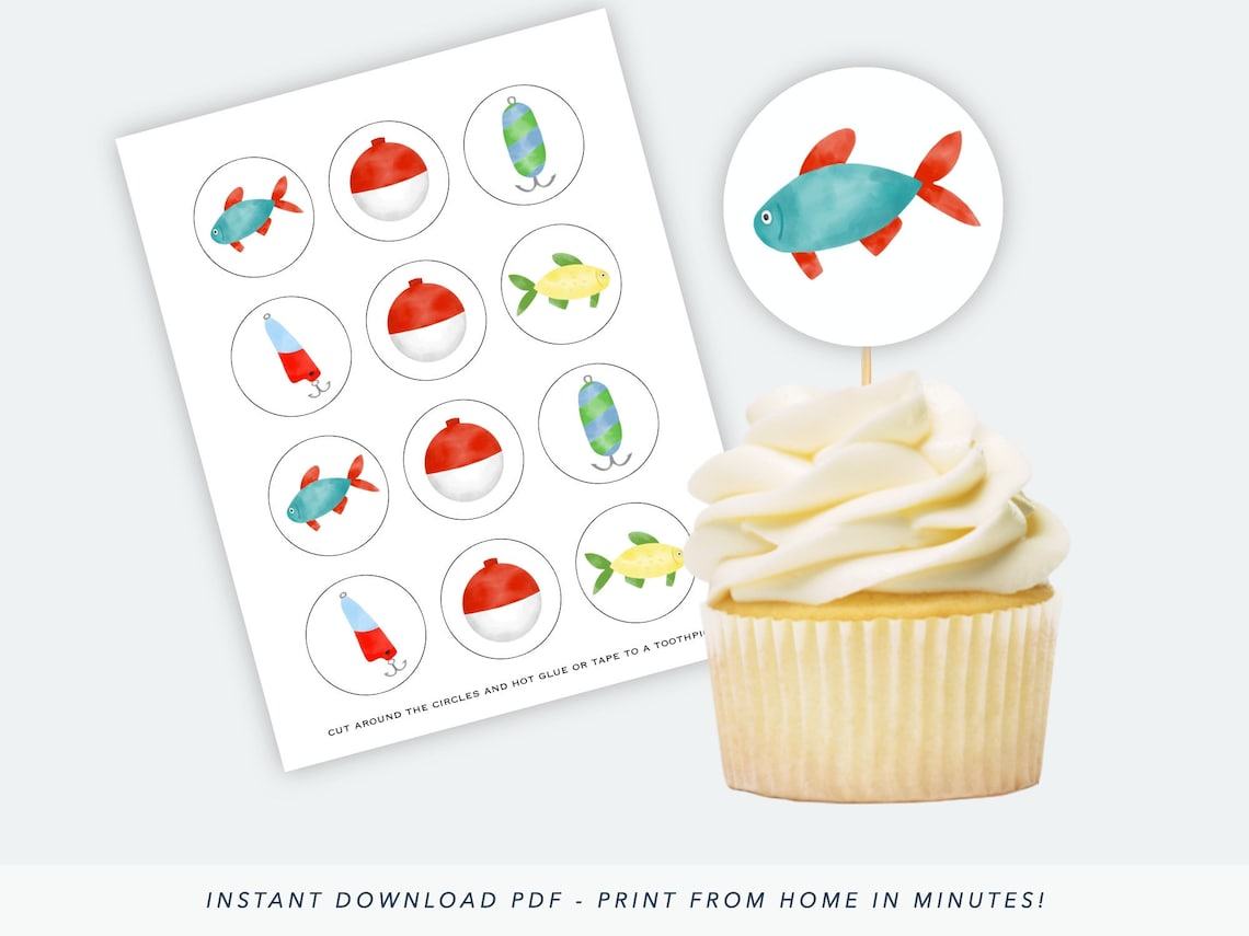 Printable Fish Cupcake Toppers Fishing Party Decorations Etsy