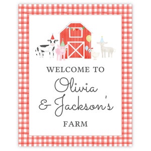 May include: Welcome to Olivia & Jackson's Farm sign with a red barn, cow, pig, chicken, and goat. The sign has a red and white gingham border.