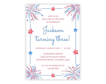 PRINTABLE Fourth of July Birthday Invitation | Red White & Blue Party Invite | Editable Corjl Template | Patriotic Kids Birthday Download