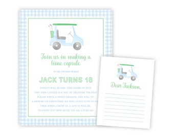 May include: A blue and green golf cart illustration on a light blue and white gingham background. The text reads "Join us in making a time capsule to be opened when Jack turns 18". A separate card with the same golf cart illustration reads "Dear Jackson".