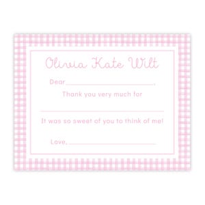 Druckbare Dankeskarten, rosa Vichykaro Karte, personalisierte Karte für Mädchen, Karte für Kinder, Dankeskarte für Kinder
