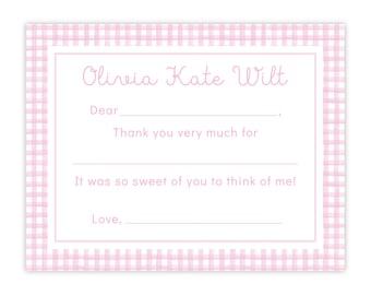 PRINTABLE Pink Gingham Thank You Card for Girls | Editable Corjl Template | Kids Fill-In Birthday Note | Personalized Flat Card