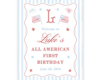 PRINTABLE One All American Boy First Birthday Welcome Sign | Editable Corjl Template with Patriotic Design | Fourth of July Party Sign | 115