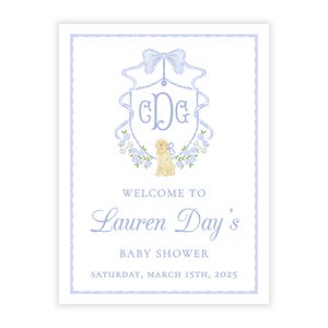PRINTABLE 18x24 Baby Shower Welcome Sign | Baby Boy Golden Retriever Shower Decor | Editable Corjl Template | Blue Design | 118