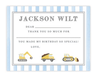 PRINTABLE Construction Birthday Thank You Card | Editable Corjl Template | Truck Party Note for Boys | Blue Stripe Design | 141