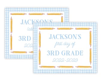 May include: Two blue and white gingham patterned signs with a yellow pencil border. The text on the signs reads "Jackson's first day of 3rd grade 2022-2023" and "Jackson's last day of 3rd grade 2022-2023".