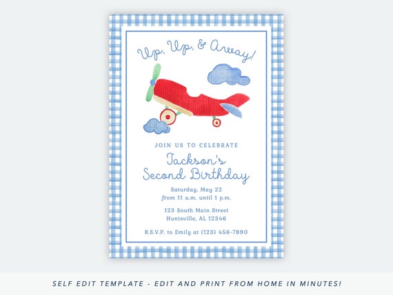 Printable Airplane Birthday Invitation Airplane Birthday | Etsy