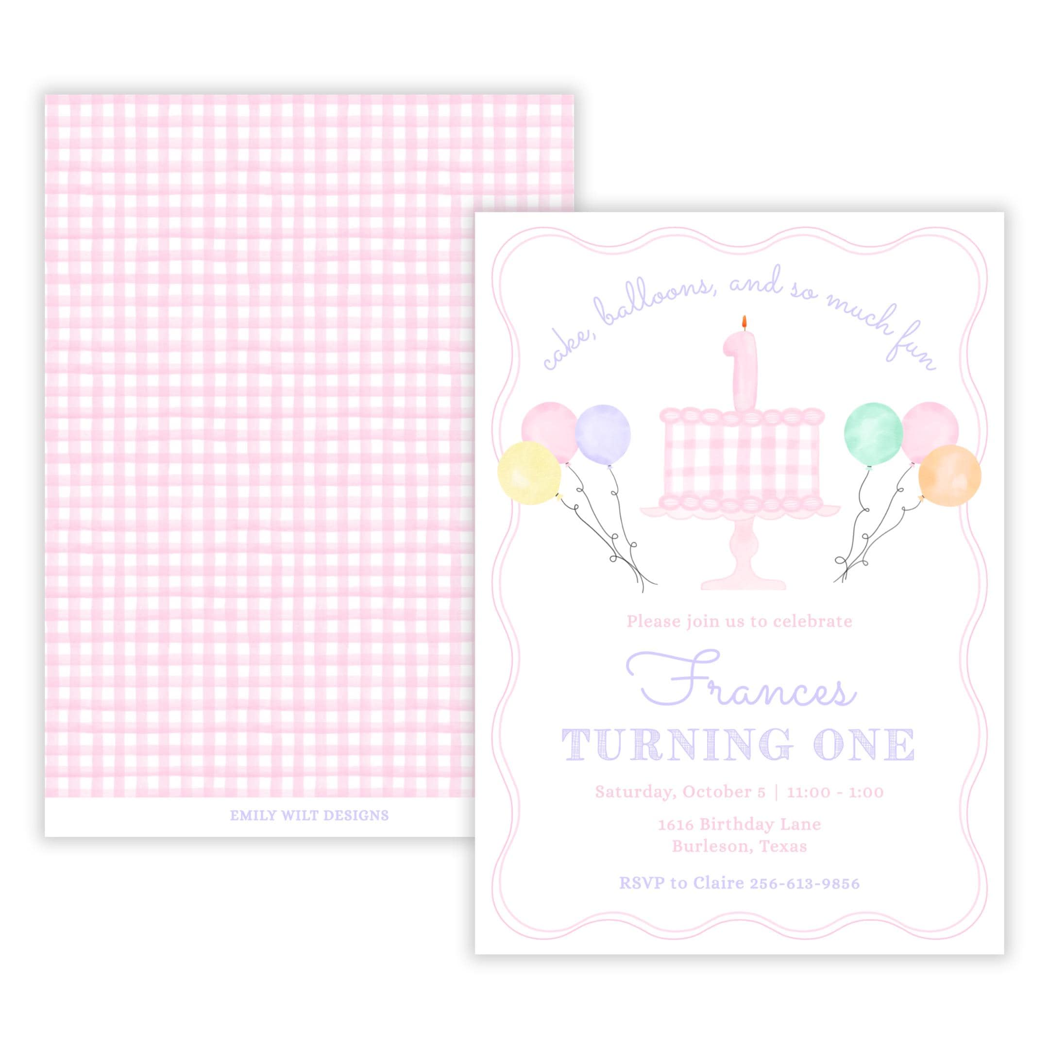 PRINTABLE Gingham Cake First Birthday Invitation | Pink Pastel Balloon ...