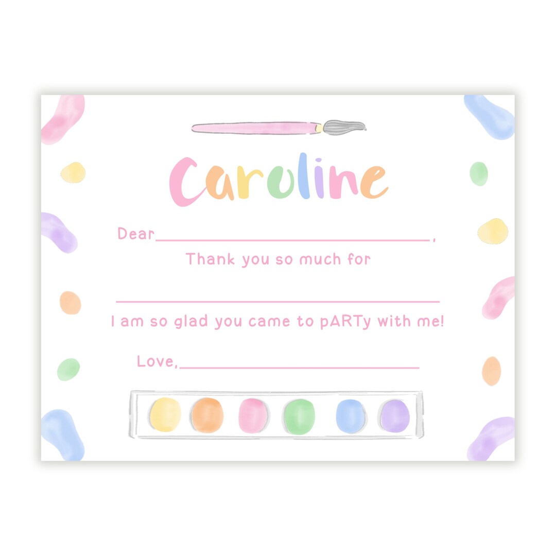 Printable Fill in the Blank Thank You Notes for Kids, Art Party Thank ...