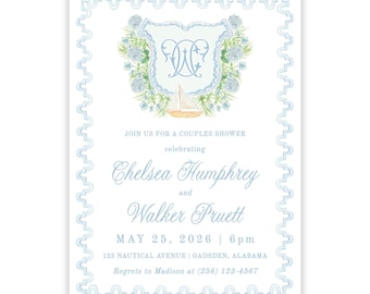 PRINTABLE Coastal Couples Shower Invitation Template | Lake Rehearsal Dinner Invite | Monogram Crest Engagement Party Invites | 145