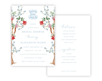 Printable Bridal Shower Invitation, Wedding Shower Invite, Watercolor Chinoiserie Bridal Shower, Grandmillennial Bridal Luncheon, Bridal Tea