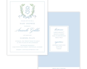 PRINTABLE Baby Shower Invitation | Blue Crest Boy Shower | Editable Corjl Template | Monogram Baby Invite | "Give me Flowers" Design