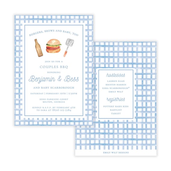 PRINTABLE Baby Q Invitation | Boy’s BBQ Baby Shower | Editable Corjl Template | Blue Gingham Couples Shower | "Blue Baby Q" Design