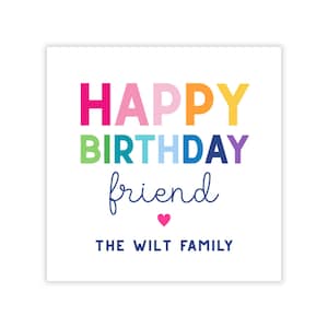 Plantilla de etiqueta de regalo de cumpleaños imprimible / Etiqueta Corjl editable para regalo o recuerdo de fiesta infantil / Rayas arcoíris / Diseño "Feliz cumpleaños, amigo"