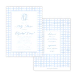 Baby Shower Einladung zum Ausdrucken | Blau karierte Jungenparty | Bearbeitbare Corjl-Vorlage | Monogramm Baby einladen | Blau Vichy-Karo-Monogramm | 132