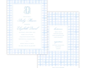 PRINTABLE Baby Shower Invitation | Blue Gingham Boy Shower | Editable Corjl Template | Monogram Baby Invite | Blue Gingham Monogram | 132