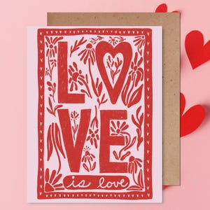 Valentijnsdag LGBTQ+ Love is Love-wenskaart |Harten|Inclusieve liefdeskaart voor iedereen|Homo|Lesbisch|Queer|Sapphic|Schattige kaart|Regenboog|Roze|Rood