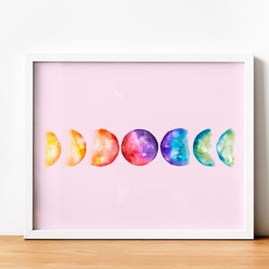 Regenboog aquarel maanfase afdruk op postkaartformaat – LGBTQ Pride Celestial Wall Art, decor maancyclus, mystieke miniprint voor queer spaces