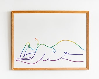 Woman Laying Down Poster|Abstract|Body Positivity|Minimalist|Female Figure|One Line Drawing|Lesbian Art|Simple Line Drawing|Rainbow
