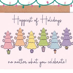 Tarjeta navideña con árbol de arcoíris: tarjeta navideña amigable con LGBTQ+, saludo navideño para gays, lesbianas, queer, sáficos e inclusivos, tarjeta divertida, felices fiestas