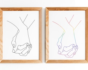Pride Holding Hands Wall Art Digital Download|Minimalist|Bedroom|Gallery Wall|Rainbow|Black & White|Lesbian|Couple|Wedding|Anniversary|Gift
