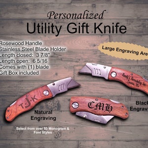 May include: Personalized utility knife with a rosewood handle and stainless steel blade holder. The knife is closed and measures 3 7/8 inches long. When open, it measures 6 5/16 inches long. The knife comes with one blade and a gift box. The image shows two examples of the knife with different engravings: one with the initials "T.J.K." and the other with the initials "C.M.H."