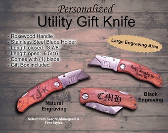 Engraved Utility Knife, Wood Handle, Personalized Knife